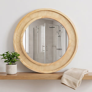 English Elm Natural Rattan Woven Round Wall Mirror Handcrafted Bohemian Accent for Entryway Bath Natural Wood 24 inches W2203P530873