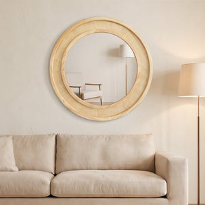 English Elm Natural Rattan Woven Round Wall Mirror Handcrafted Bohemian Accent for Entryway Bath Natural Wood 24 inches W2203P530873