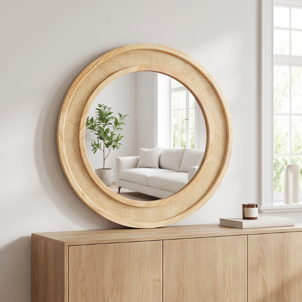 English Elm Natural Rattan Woven Round Wall Mirror Handcrafted Bohemian Accent for Entryway Bath Natural Wood 24 inches W2203P530873