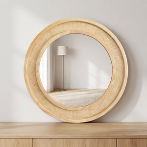 English Elm Natural Rattan Woven Round Wall Mirror Handcrafted Bohemian Accent for Entryway Bath Natural Wood 24 inches W2203P530873