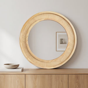 English Elm Natural Rattan Woven Round Wall Mirror Handcrafted Bohemian Accent for Entryway Bath Natural Wood 24 inches W2203P530873