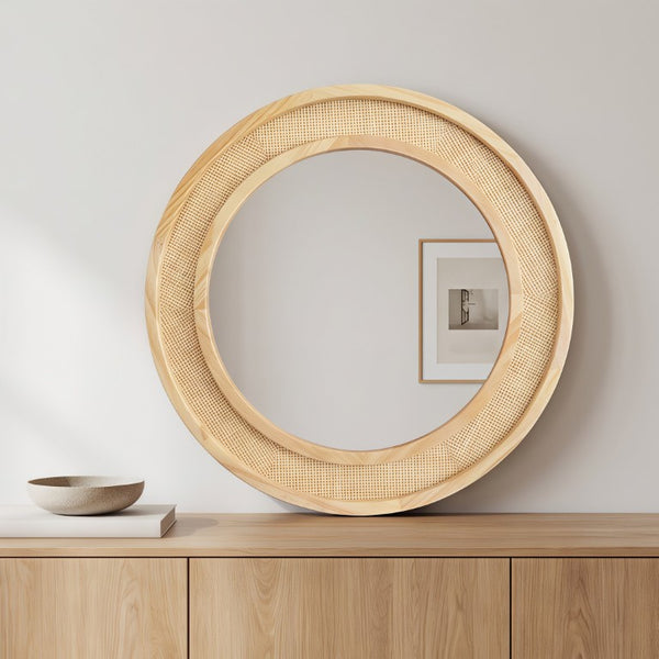 English Elm Natural Rattan Woven Round Wall Mirror Handcrafted Bohemian Accent for Entryway Bath Natural Wood 24 inches W2203P530873