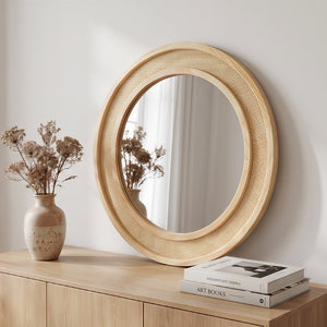English Elm Natural Rattan Woven Round Wall Mirror Handcrafted Bohemian Accent for Entryway Bath Natural Wood 24 inches W2203P530873
