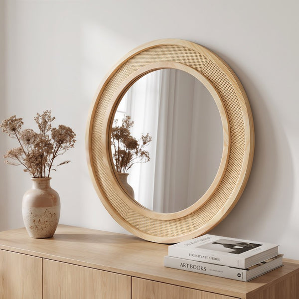 English Elm Natural Rattan Woven Round Wall Mirror Handcrafted Bohemian Accent for Entryway Bath Natural Wood 24 inches W2203P530873