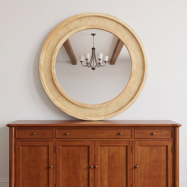 English Elm Natural Rattan Woven Round Wall Mirror Handcrafted Bohemian Accent for Entryway Bath Natural Wood 24 inches W2203P530873