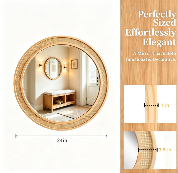English Elm Natural Rattan Woven Round Wall Mirror Handcrafted Bohemian Accent for Entryway Bath Natural Wood 24 inches W2203P530873