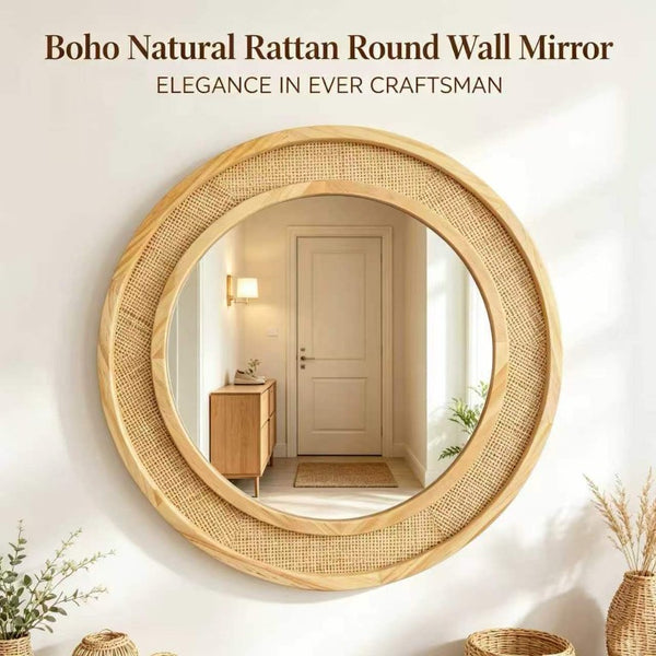 English Elm Natural Rattan Woven Round Wall Mirror Handcrafted Bohemian Accent for Entryway Bath Natural Wood 24 inches W2203P530873