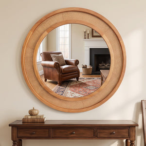 English Elm Yellowish Honey Rattan Round Wall Mirror Woven Solid Wood Frame Farmhouse Coastal Decor W2203P530879