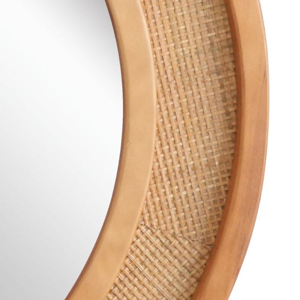 English Elm Yellowish Honey Rattan Round Wall Mirror Woven Solid Wood Frame Farmhouse Coastal Decor W2203P530879