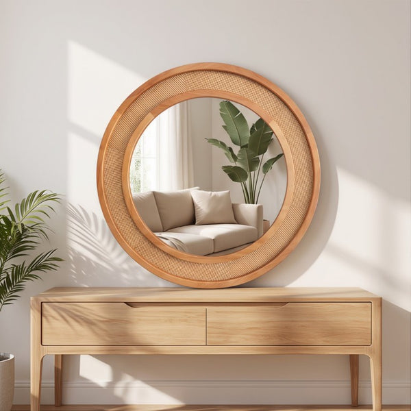 English Elm Yellowish Honey Rattan Round Wall Mirror Woven Solid Wood Frame Farmhouse Coastal Decor W2203P530879