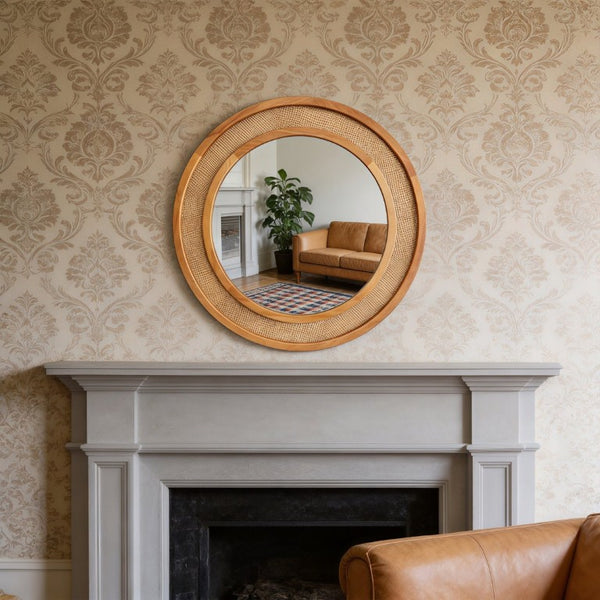 English Elm Yellowish Honey Rattan Round Wall Mirror Woven Solid Wood Frame Farmhouse Coastal Decor W2203P530879