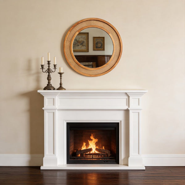 English Elm Yellowish Honey Rattan Round Wall Mirror Woven Solid Wood Frame Farmhouse Coastal Decor W2203P530879