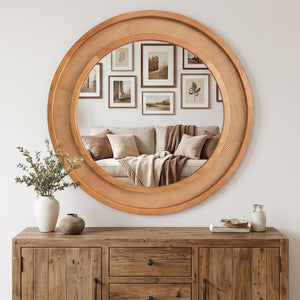 English Elm Yellowish Honey Rattan Round Wall Mirror Woven Solid Wood Frame Farmhouse Coastal Decor W2203P530879