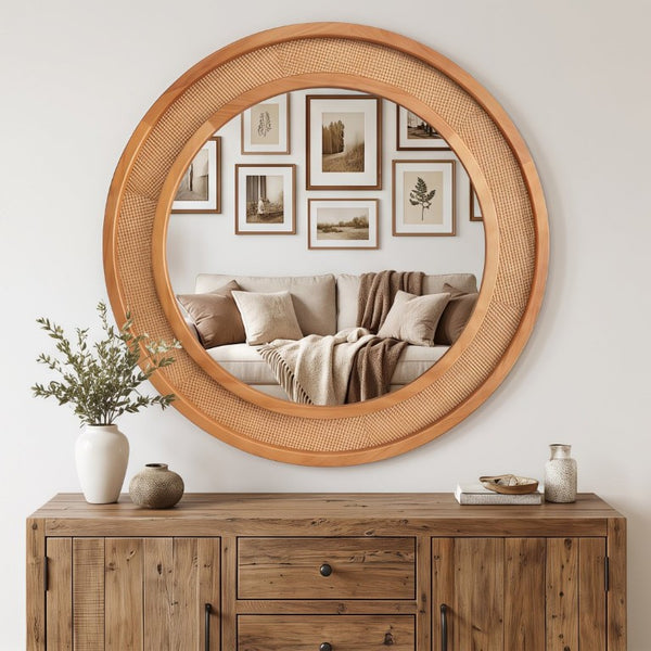 English Elm Yellowish Honey Rattan Round Wall Mirror Woven Solid Wood Frame Farmhouse Coastal Decor W2203P530879