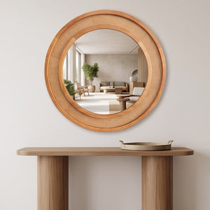 English Elm Yellowish Honey Rattan Round Wall Mirror Woven Solid Wood Frame Farmhouse Coastal Decor W2203P530879