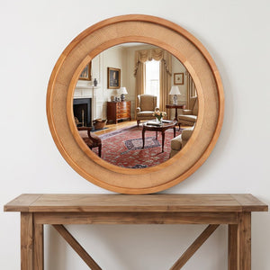 English Elm Yellowish Honey Rattan Round Wall Mirror Woven Solid Wood Frame Farmhouse Coastal Decor W2203P530879