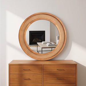English Elm Yellowish Honey Rattan Round Wall Mirror Woven Solid Wood Frame Farmhouse Coastal Decor W2203P530879