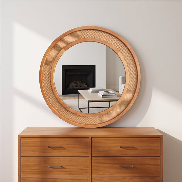 English Elm Yellowish Honey Rattan Round Wall Mirror Woven Solid Wood Frame Farmhouse Coastal Decor W2203P530879