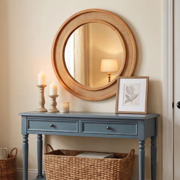 English Elm Yellowish Honey Rattan Round Wall Mirror Woven Solid Wood Frame Farmhouse Coastal Decor W2203P530879