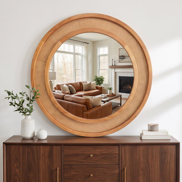 English Elm Yellowish Honey Rattan Round Wall Mirror Woven Solid Wood Frame Farmhouse Coastal Decor W2203P530879