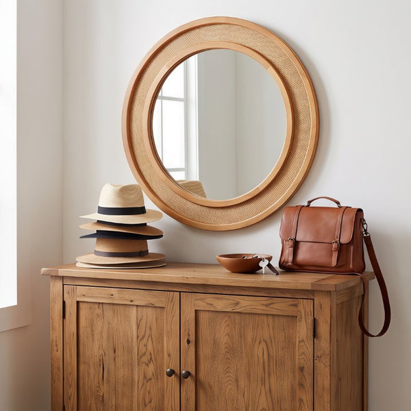 English Elm Yellowish Honey Rattan Round Wall Mirror Woven Solid Wood Frame Farmhouse Coastal Decor W2203P530879