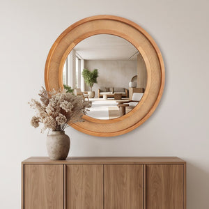 English Elm Yellowish Honey Rattan Round Wall Mirror Woven Solid Wood Frame Farmhouse Coastal Decor W2203P530879
