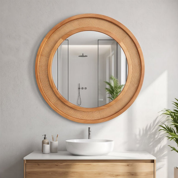 English Elm Yellowish Honey Rattan Round Wall Mirror Woven Solid Wood Frame Farmhouse Coastal Decor W2203P530879