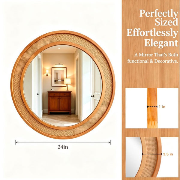 English Elm Yellowish Honey Rattan Round Wall Mirror Woven Solid Wood Frame Farmhouse Coastal Decor W2203P530879