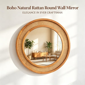 English Elm Yellowish Honey Rattan Round Wall Mirror Woven Solid Wood Frame Farmhouse Coastal Decor W2203P530879