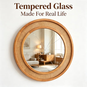 English Elm Yellowish Honey Rattan Round Wall Mirror Woven Solid Wood Frame Farmhouse Coastal Decor W2203P530879
