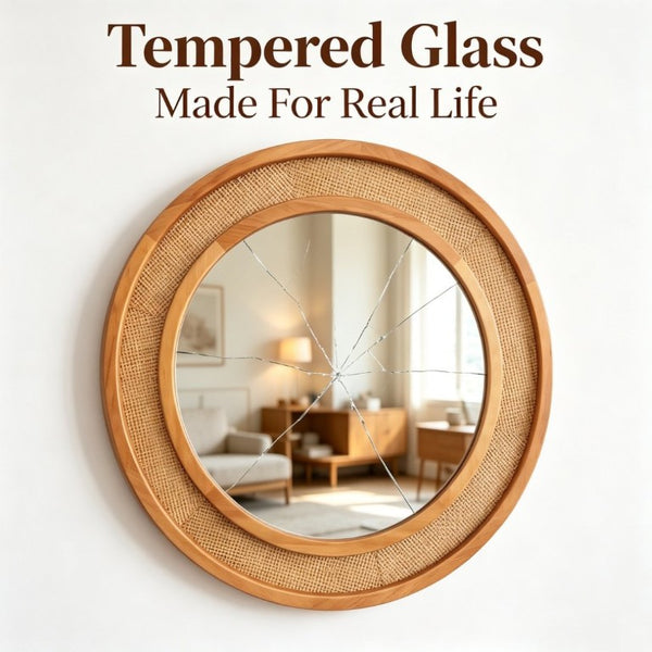 English Elm Yellowish Honey Rattan Round Wall Mirror Woven Solid Wood Frame Farmhouse Coastal Decor W2203P530879