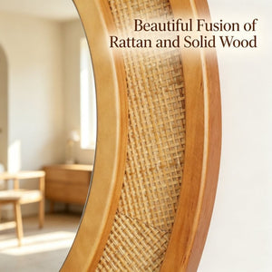 English Elm Yellowish Honey Rattan Round Wall Mirror Woven Solid Wood Frame Farmhouse Coastal Decor W2203P530879