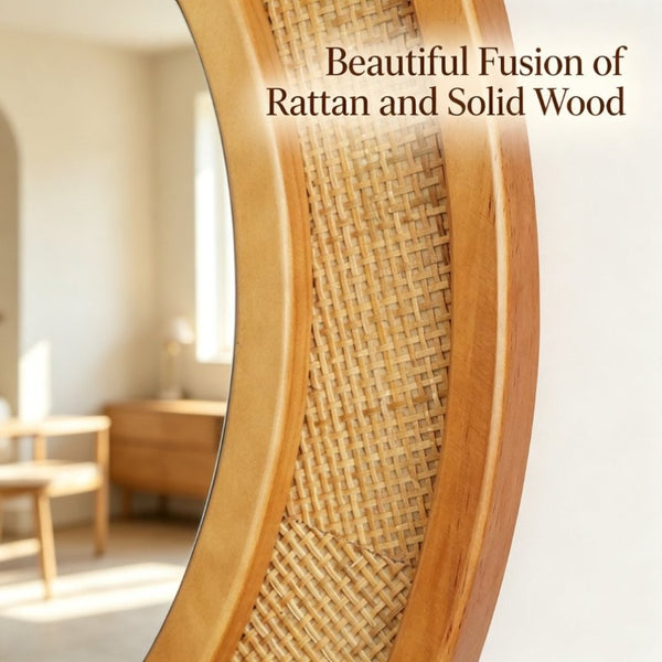 English Elm Yellowish Honey Rattan Round Wall Mirror Woven Solid Wood Frame Farmhouse Coastal Decor W2203P530879