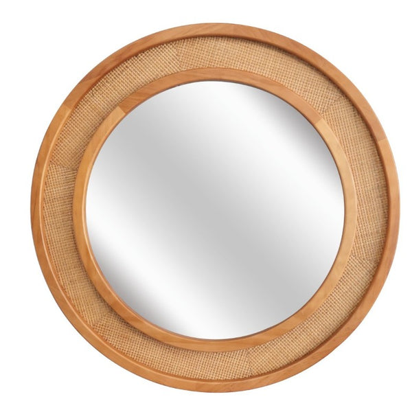 English Elm Yellowish Honey Rattan Round Wall Mirror Woven Solid Wood Frame Farmhouse Coastal Decor W2203P530879