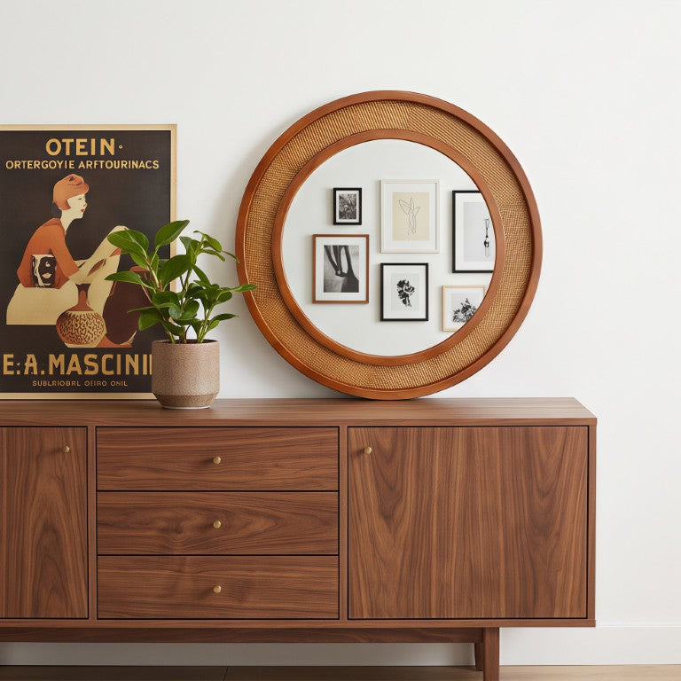 English Elm Black Walnut Rattan Round Wall Mirror Handwoven Wood Frame Farmhouse Entryway Accent W2203P530880