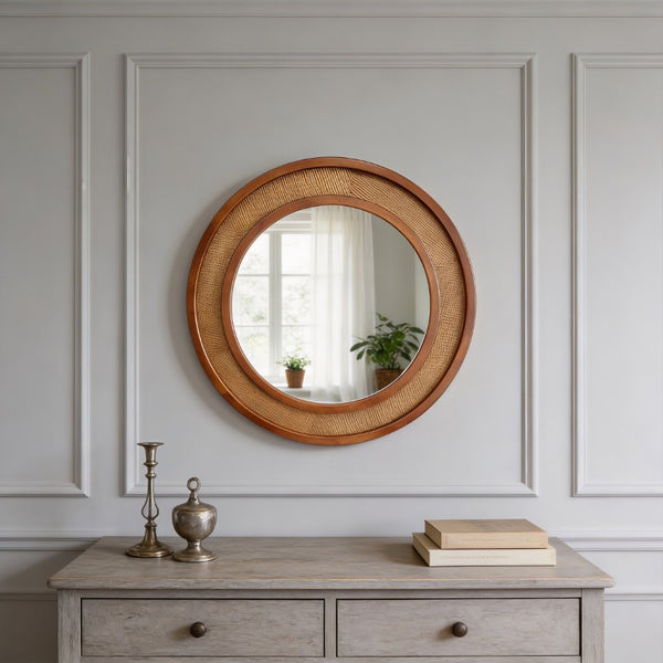 English Elm Black Walnut Rattan Round Wall Mirror Handwoven Wood Frame Farmhouse Entryway Accent W2203P530880
