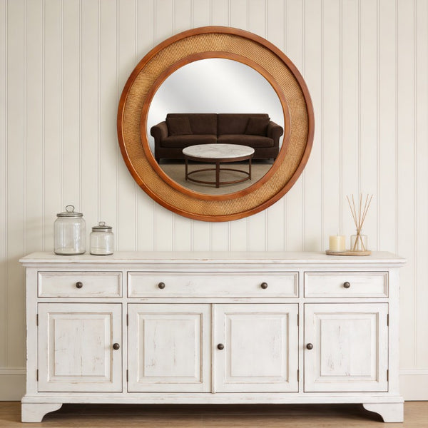 English Elm Black Walnut Rattan Round Wall Mirror Handwoven Wood Frame Farmhouse Entryway Accent W2203P530880