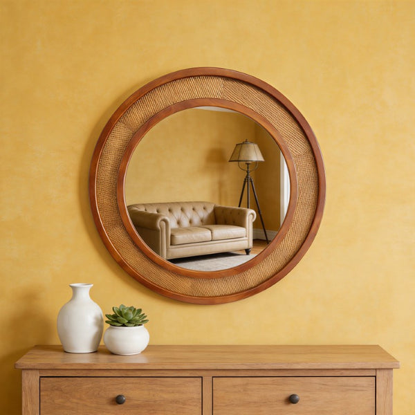 English Elm Black Walnut Rattan Round Wall Mirror Handwoven Wood Frame Farmhouse Entryway Accent W2203P530880