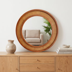 English Elm Black Walnut Rattan Round Wall Mirror Handwoven Wood Frame Farmhouse Entryway Accent W2203P530880