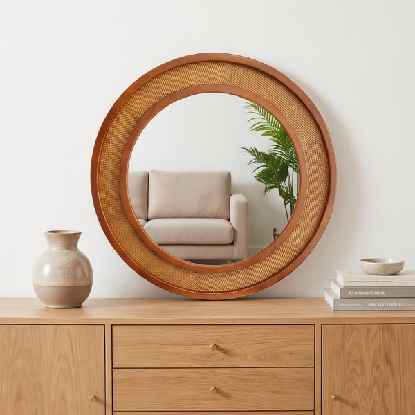 English Elm Black Walnut Rattan Round Wall Mirror Handwoven Wood Frame Farmhouse Entryway Accent W2203P530880