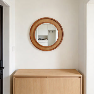 English Elm Black Walnut Rattan Round Wall Mirror Handwoven Wood Frame Farmhouse Entryway Accent W2203P530880