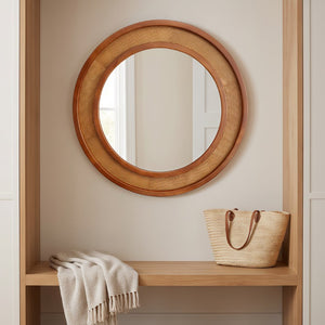 English Elm Black Walnut Rattan Round Wall Mirror Handwoven Wood Frame Farmhouse Entryway Accent W2203P530880