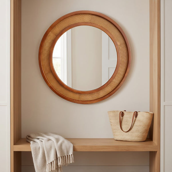 English Elm Black Walnut Rattan Round Wall Mirror Handwoven Wood Frame Farmhouse Entryway Accent W2203P530880