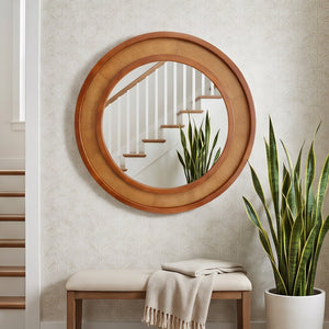 English Elm Black Walnut Rattan Round Wall Mirror Handwoven Wood Frame Farmhouse Entryway Accent W2203P530880