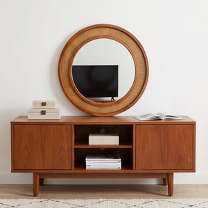 English Elm Black Walnut Rattan Round Wall Mirror Handwoven Wood Frame Farmhouse Entryway Accent W2203P530880