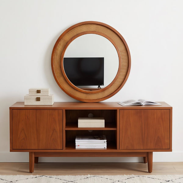 English Elm Black Walnut Rattan Round Wall Mirror Handwoven Wood Frame Farmhouse Entryway Accent W2203P530880