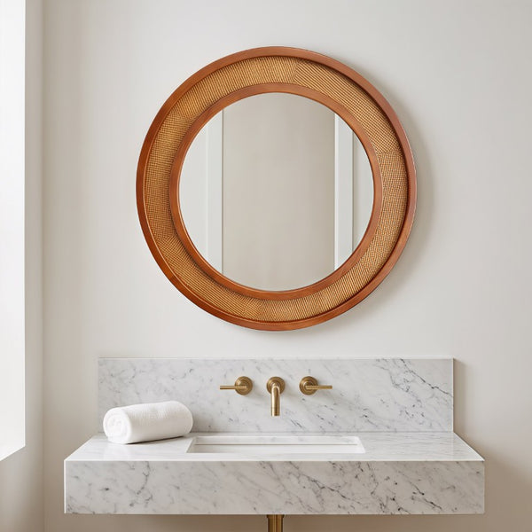 English Elm Black Walnut Rattan Round Wall Mirror Handwoven Wood Frame Farmhouse Entryway Accent W2203P530880