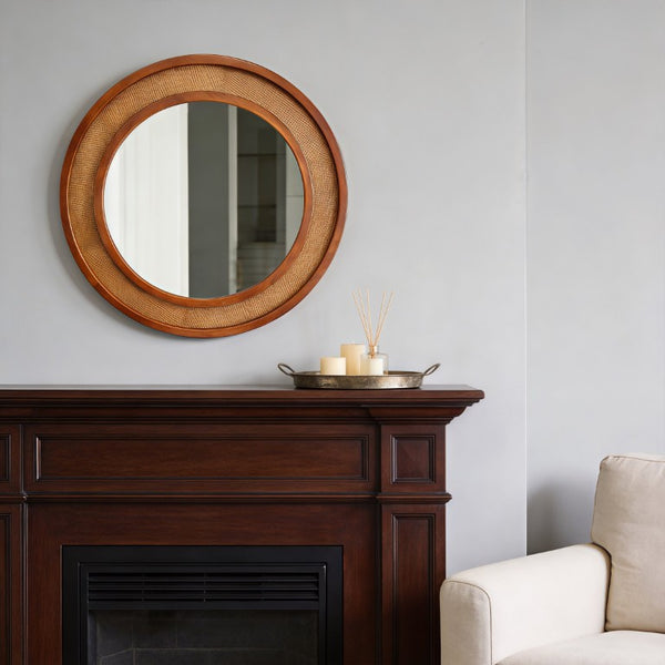 English Elm Black Walnut Rattan Round Wall Mirror Handwoven Wood Frame Farmhouse Entryway Accent W2203P530880