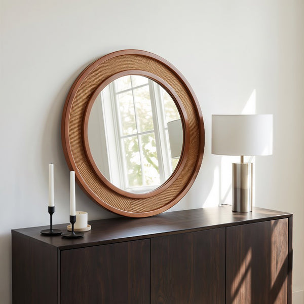 English Elm Black Walnut Rattan Round Wall Mirror Handwoven Wood Frame Farmhouse Entryway Accent W2203P530880