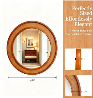 English Elm Black Walnut Rattan Round Wall Mirror Handwoven Wood Frame Farmhouse Entryway Accent W2203P530880